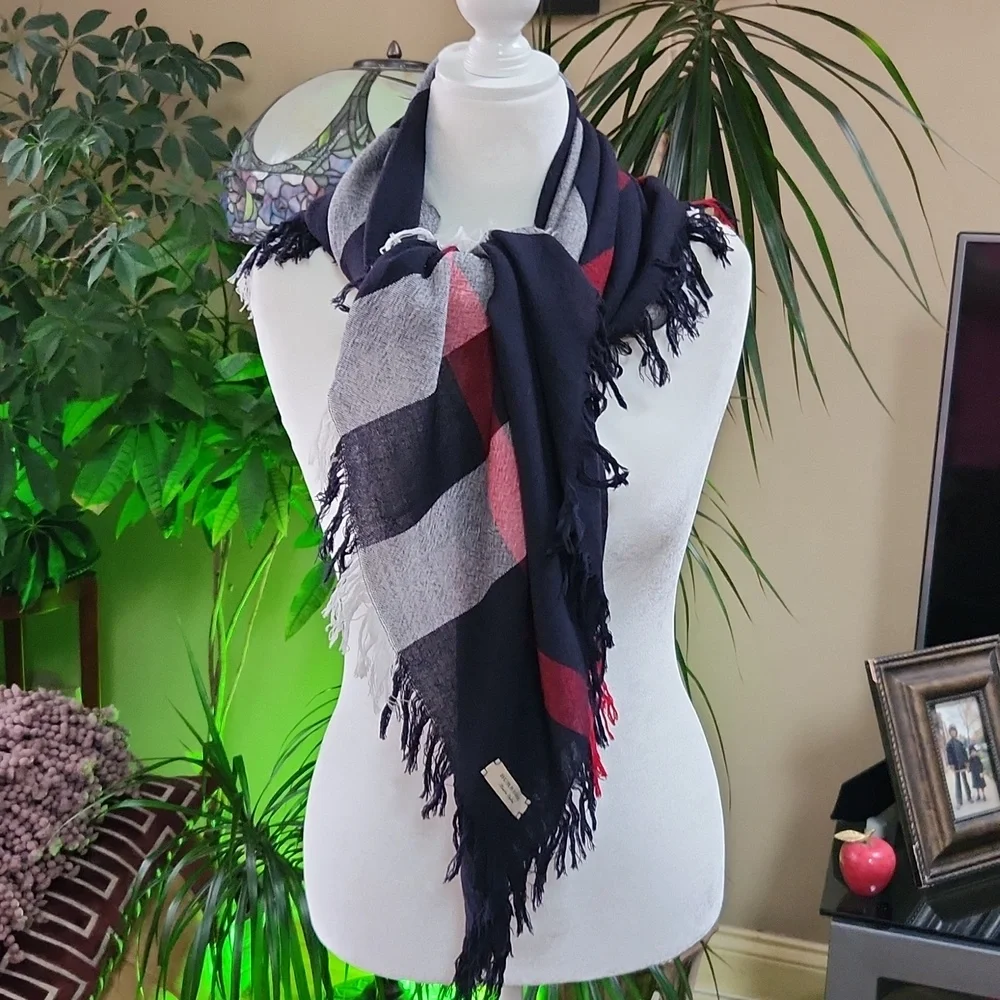 Burberry Tricolor Dark Navy Red White Fringe Scarf Shawl Square